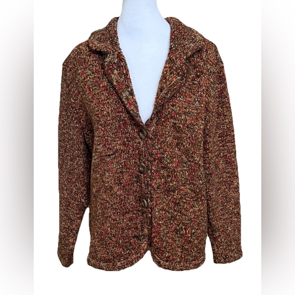 LIZ CLAIBORNE Brown + Orange Variegated Knit Sweater Cardigan Size Large